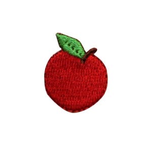 May include: Red embroidered apple with a green leaf.