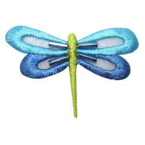 May include: A blue and green embroidered dragonfly applique with a white center and silver beads.