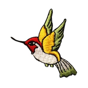 May include: Embroidered iron-on patch of a hummingbird in flight. The hummingbird is yellow, red, white, and green.