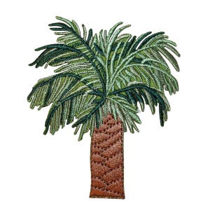 Peut inclure: Patch brodé représentant un palmier vert avec un tronc brun. Le palmier est un motif tropical populaire pour les vêtements, les sacs et autres accessoires.