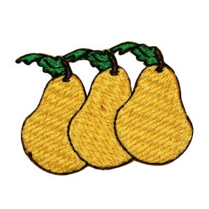 May include: Three yellow pears with green leaves, embroidered on a white background.