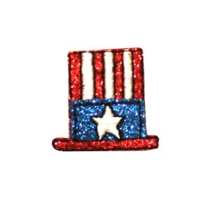 May include: A red, white and blue glitter Uncle Sam top hat with a white star on a blue background.