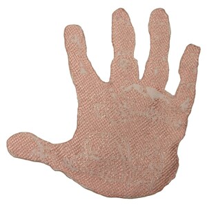 May include: A pink fabric handprint with a textured surface.