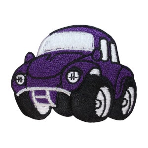 May include: Purple embroidered iron-on patch of a cartoon car with black tyres and white details.