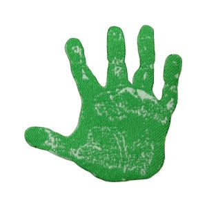 May include: A green handprint with a white outline, printed on a fabric material.