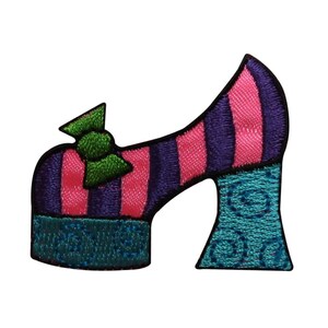 May include: A pink and purple striped high-heeled shoe with a green bow and a turquoise platform.
