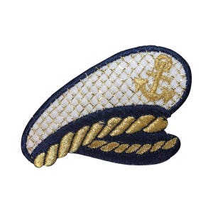 May include: A navy blue and gold embroidered captain's hat patch. The patch features a gold anchor on a white mesh background, with a gold rope design along the brim. The hat is a nautical theme.