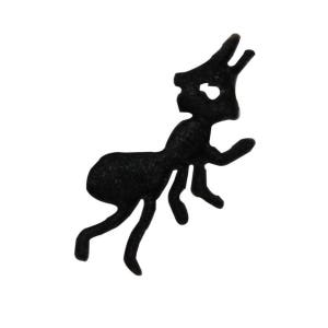 May include: Black silhouette of an ant with six legs, a large head, and a raised body.