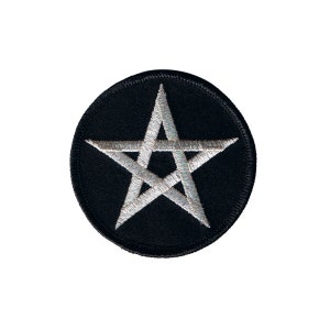 May include: A black and white embroidered patch with a white pentagram on a black circular background.