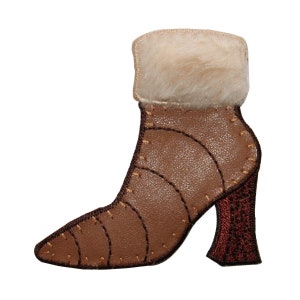 May include: Brown leather boot with a faux fur cuff and a high heel. The boot has decorative stitching and a red heel.