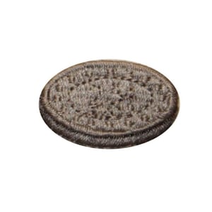 May include: A brown embroidered patch with a white design. The patch is oval shaped and has a dark brown border.