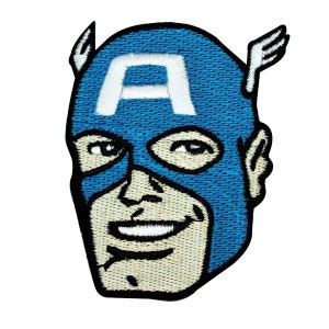 May include: Embroidered patch of Captain America's face with a blue and white helmet and a red, white, and blue wing on the side.
