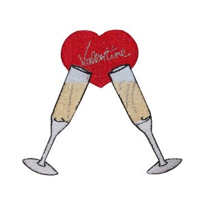 May include: Two champagne glasses clinking together in a toast, with a red heart that says "Valentine" in the center.