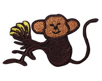 ID 1638B Happy Monkey With Bananas Patch Wild Jungle Embroidered IronOn Applique