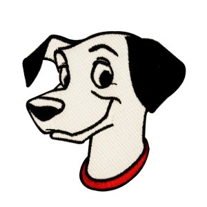 May include: A black and white cartoon Dalmatian dog with a red collar. The dog is smiling and looking to the right.