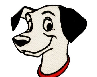 May include: A black and white cartoon Dalmatian dog with a red collar. The dog is smiling and looking to the right.