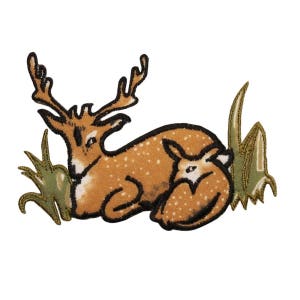 May include: A brown and white deer with spots and a fawn lying next to it. The deer are surrounded by green grass.