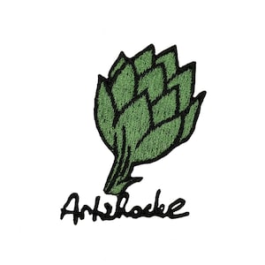 May include: Green embroidered patch of an artichoke with the word "Artichoke" written in black cursive below.