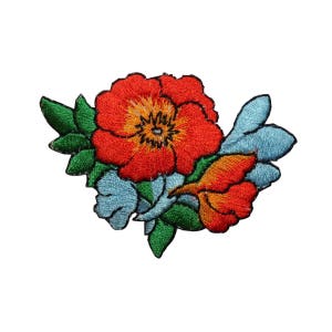 May include: A red, orange, and blue embroidered flower patch with green leaves.