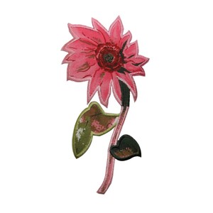 May include: Pink embroidered sunflower with green leaves and a black stem. The flower is a patch or applique.