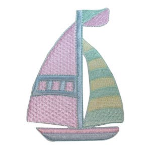 May include: A pink and blue sailboat with a yellow and green striped sail. The sailboat has a small, pink flag on top.