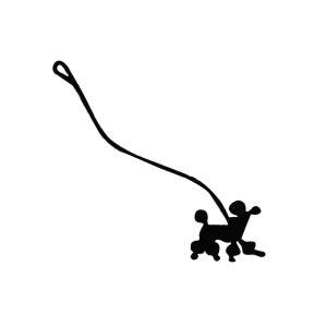 May include: A black silhouette of a poodle on a leash. The leash is attached to a loop at the top of the image.