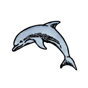 May include: A blue and black embroidered patch of a dolphin jumping out of the water.