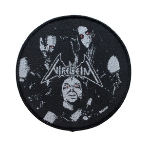 May include: Black and white embroidered patch with the band name "VIRUSIM" in a stylized font. The patch features a group of people with red eyes.