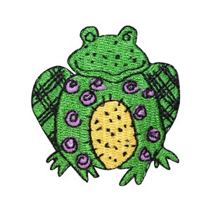 May include: Green embroidered frog patch with purple and yellow details. The frog has a large, round body and a small head with a wide smile.