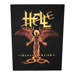 May include: A black patch with a gold band and the word "HELLS" in gold letters. A winged figure with a halo is in the center of the patch. The words "HUMAN REMAINS" are below the figure.