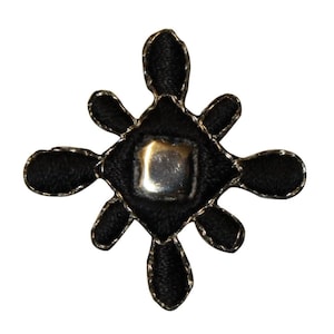 May include: Black embroidered patch with a silver square in the center, shaped like a starburst.