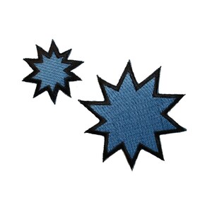 May include: Two blue star-shaped patches with black outlines. The larger star is about 2 inches in diameter and the smaller star is about 1 inch in diameter.