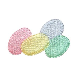 May include: Four pastel-colored oval-shaped fabric patches. The patches are pink, yellow, light blue, and green.
