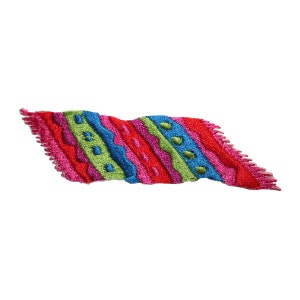 May include: A colorful rug with a geometric pattern in shades of pink, green, blue, and red. The rug has a fringed edge and is made of a soft, textured material.
