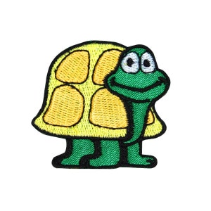 May include: A green and yellow embroidered patch of a cartoon turtle with a big smile. The turtle is wearing a yellow shell with a pattern of five segments.