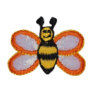 May include: A yellow and black embroidered bee with orange wings. The bee has a white iridescent body and a black face.