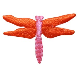 May include: Orange and pink embroidered dragonfly applique. This iron-on patch is perfect for adding a touch of whimsy to clothing, bags, or home decor.