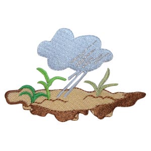 May include: Embroidered patch depicting a blue cloud with rain falling on brown ground with green grass.