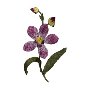 May include: Embroidered purple orchid with yellow centre and green leaves. The orchid is a single flower with two buds.