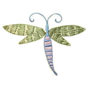May include: A green and blue embroidered dragonfly with pink stripes on the body. The dragonfly has two pairs of wings and a long, thin body.