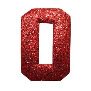 May include: Red glitter letter O. The letter is made of a thick, red glitter material. It is a single letter, not part of a word.