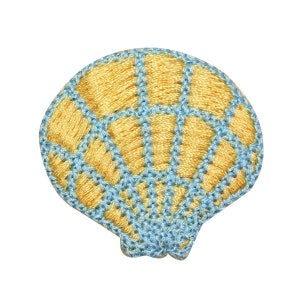 May include: A yellow and blue embroidered seashell with a detailed design. The seashell is a popular motif in nautical and coastal decor.