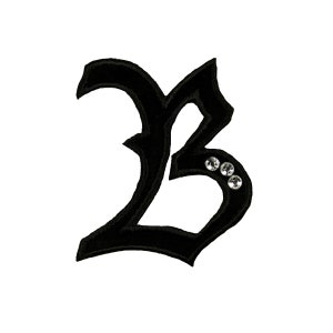 May include: Black felt letter B with a gothic style font and three clear rhinestones.