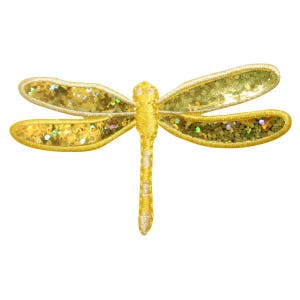 May include: A gold dragonfly patch with embroidered details and glitter accents. The wings are a shimmering gold, and the body is a solid gold color. This decorative patch is perfect for adding a touch of sparkle to clothing or accessories.