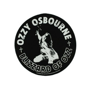 May include: Black and white circular patch with the text "Ozzy Osbourne + Blizzard of Ozz" around the edge. A silhouette of a person holding a microphone is in the center.