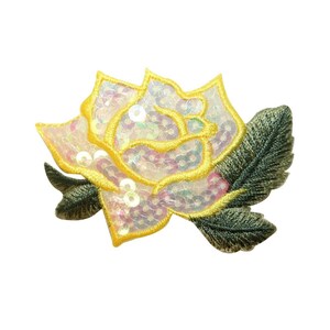 ID 6012 Sequin Rose Blossom Patch Yellow Flower Embroidered Iron On Applique
