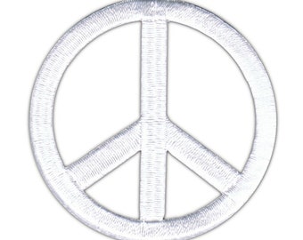 2 1/4 Inch White Peace Sign Patch Die Cut Embroidered Iron On Applique