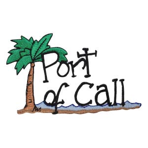 May include: Embroidered patch with a green palm tree and the text "Port of Call" in black cursive font. The palm tree is on a small brown island with blue waves.