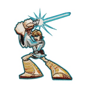 Può includere: Toppa ricamata raffigurante un personaggio in stile cartone animato che brandisce una spada laser blu. Il personaggio è raffigurato in una posa dinamica, con un abito bianco e azzurro chiaro e stivali color cuoio. La toppa ha uno sfondo bianco e un bordo blu.