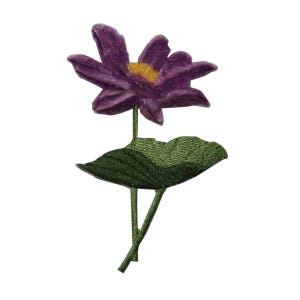 May include: Purple embroidered flower with green leaves. The flower has a yellow centre and is on a white background.